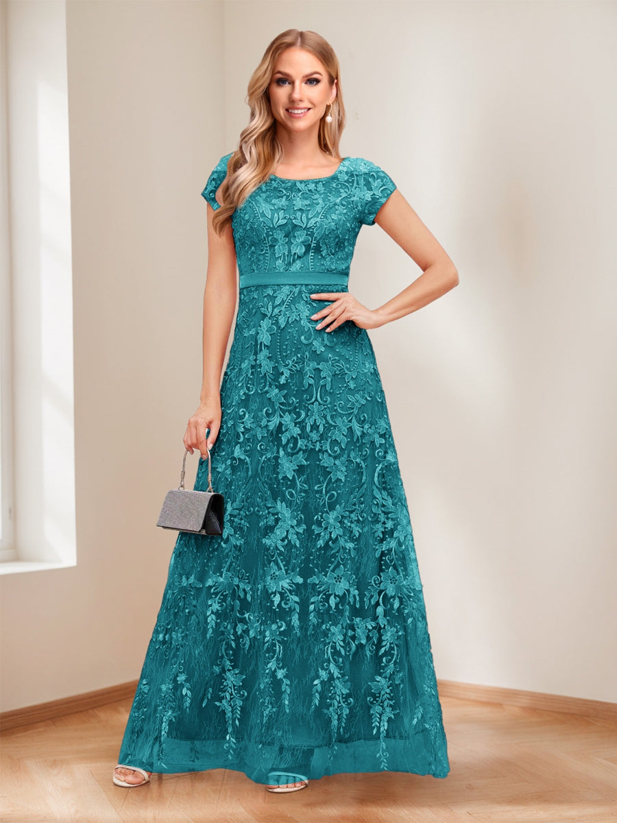 A-Line/Princess Scoop Short Sleeves Mother of the Bride Dresses with Appliques & Beading