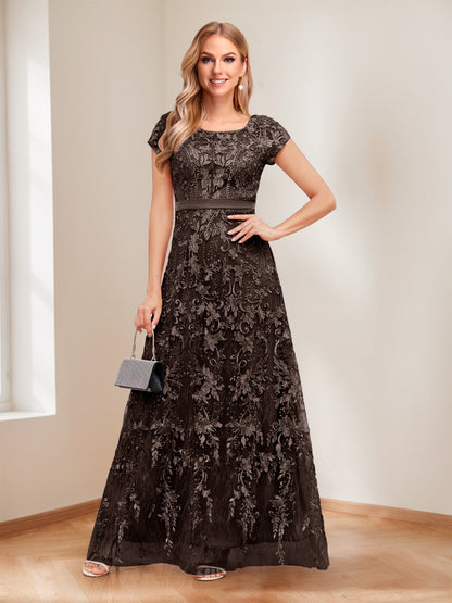 A-Line/Princess Scoop Short Sleeves Mother of the Bride Dresses with Appliques & Beading