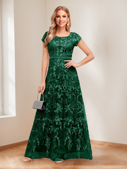 A-Line/Princess Scoop Short Sleeves Mother of the Bride Dresses with Appliques & Beading