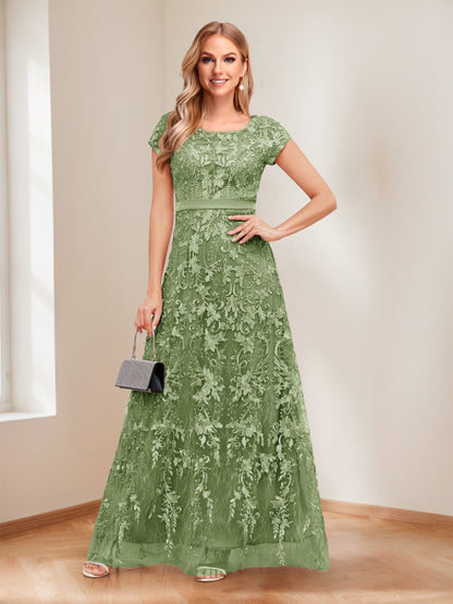 A-Line/Princess Scoop Short Sleeves Mother of the Bride Dresses with Appliques & Beading