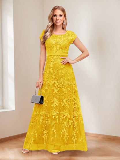 A-Line/Princess Scoop Short Sleeves Mother of the Bride Dresses with Appliques & Beading