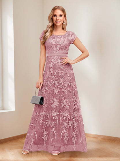 A-Line/Princess Scoop Short Sleeves Mother of the Bride Dresses with Appliques & Beading