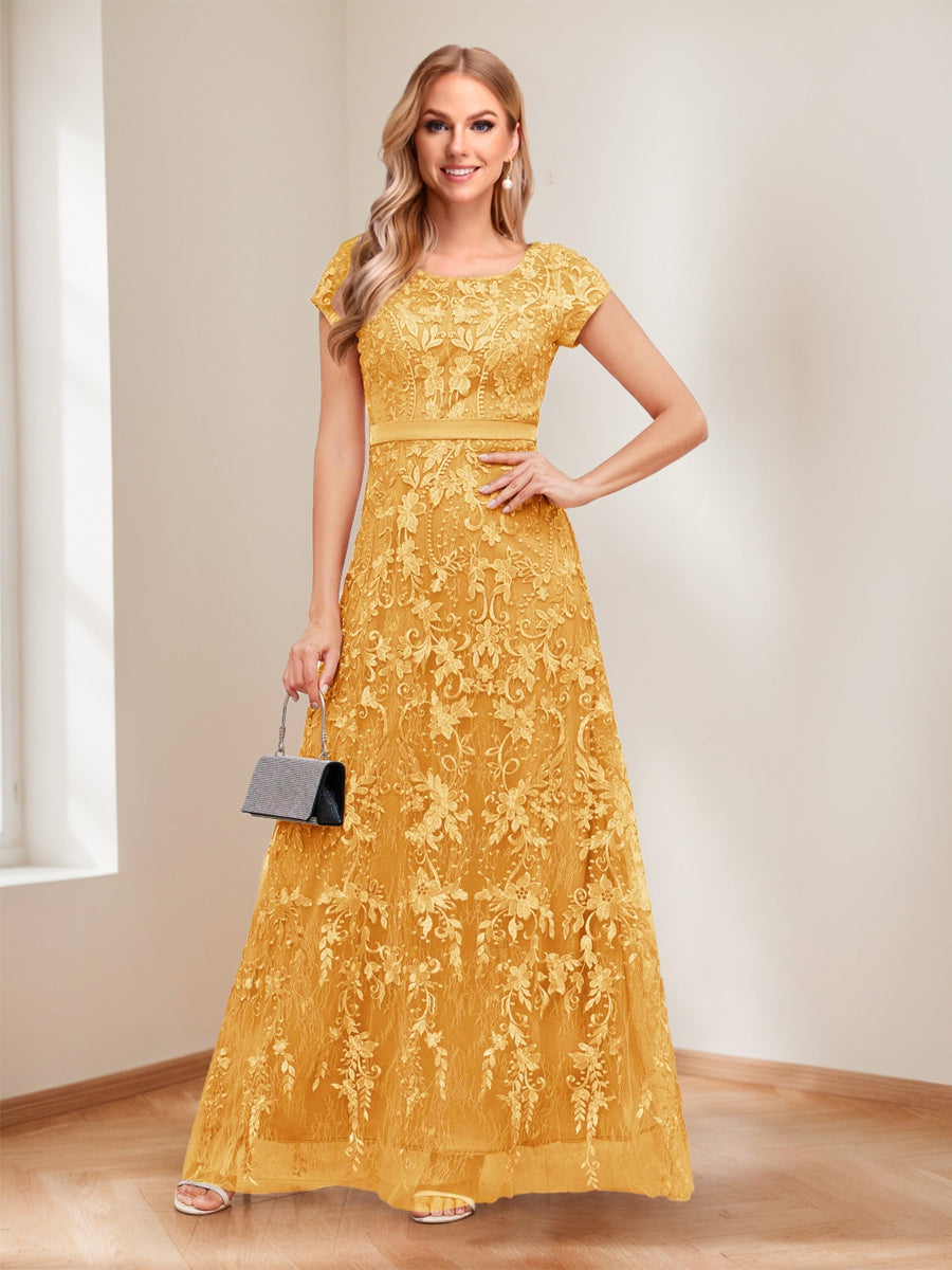 A-Line/Princess Scoop Short Sleeves Mother of the Bride Dresses with Appliques & Beading