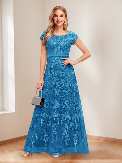 A-Line/Princess Scoop Short Sleeves Mother of the Bride Dresses with Appliques & Beading