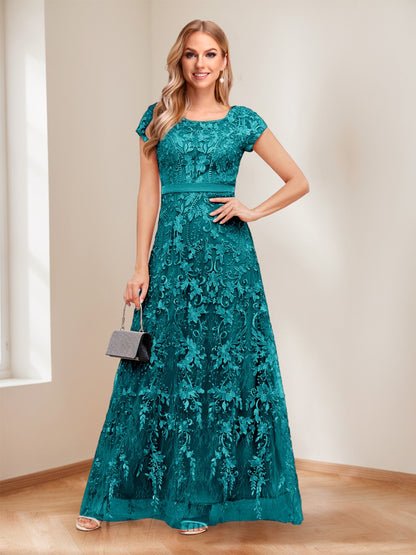 A-Line/Princess Scoop Short Sleeves Mother of the Bride Dresses with Appliques & Beading