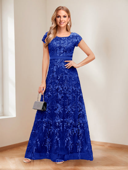 A-Line/Princess Scoop Short Sleeves Mother of the Bride Dresses with Appliques & Beading