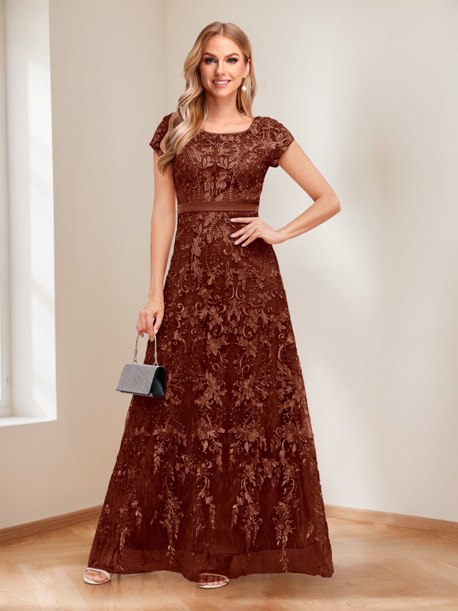 A-Line/Princess Scoop Short Sleeves Mother of the Bride Dresses with Appliques & Beading