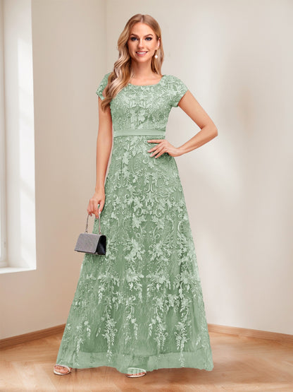 A-Line/Princess Scoop Short Sleeves Mother of the Bride Dresses with Appliques & Beading