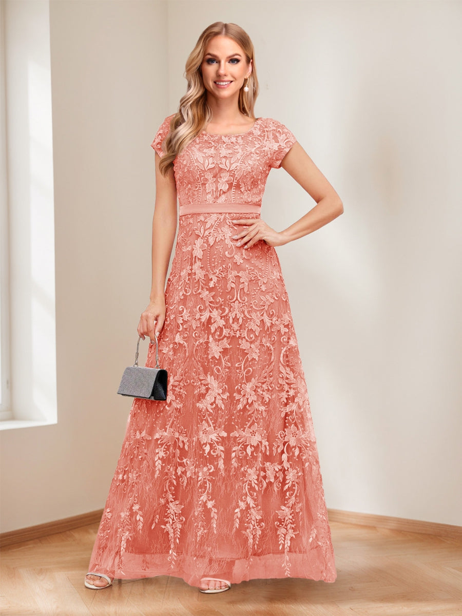 A-Line/Princess Scoop Short Sleeves Mother of the Bride Dresses with Appliques & Beading