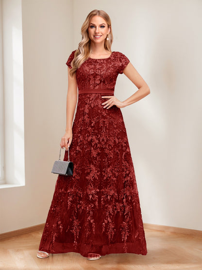 A-Line/Princess Scoop Short Sleeves Mother of the Bride Dresses with Appliques & Beading