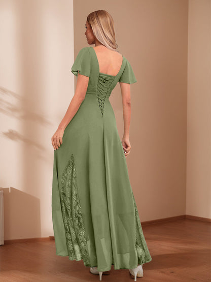 A-Line/Princess V-Neck Ruched Asymmetrical Mother of the Bride Dresses with Lace Appliques