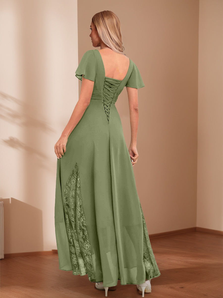 A-Line/Princess V-Neck Ruched Asymmetrical Mother of the Bride Dresses with Lace Appliques