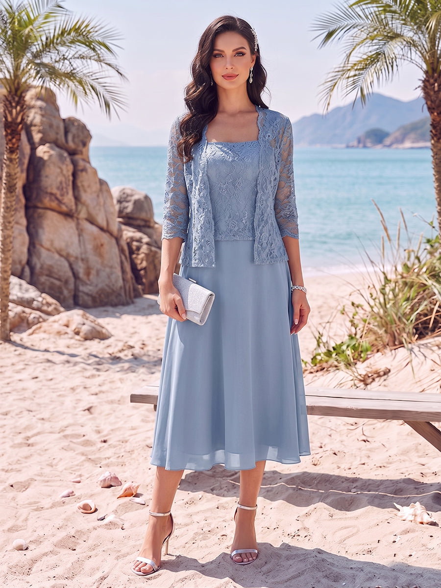 A-Line/Princess Square Neck Tea-Length Mother of the Bride Dresses with Lace Appliques & Jacket