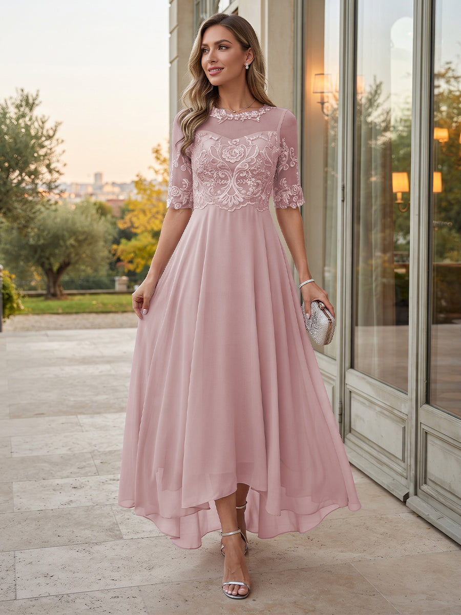 A-Line/Princess Scoop Half Sleeves Chiffon Ankle-Length Formal Dresses with Applique