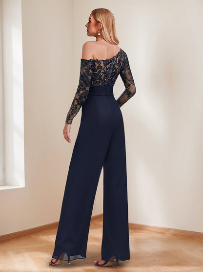 Jumpsuits One-Shoulder Long Mother of the Bride Pantsuits with Appliques & Sequins