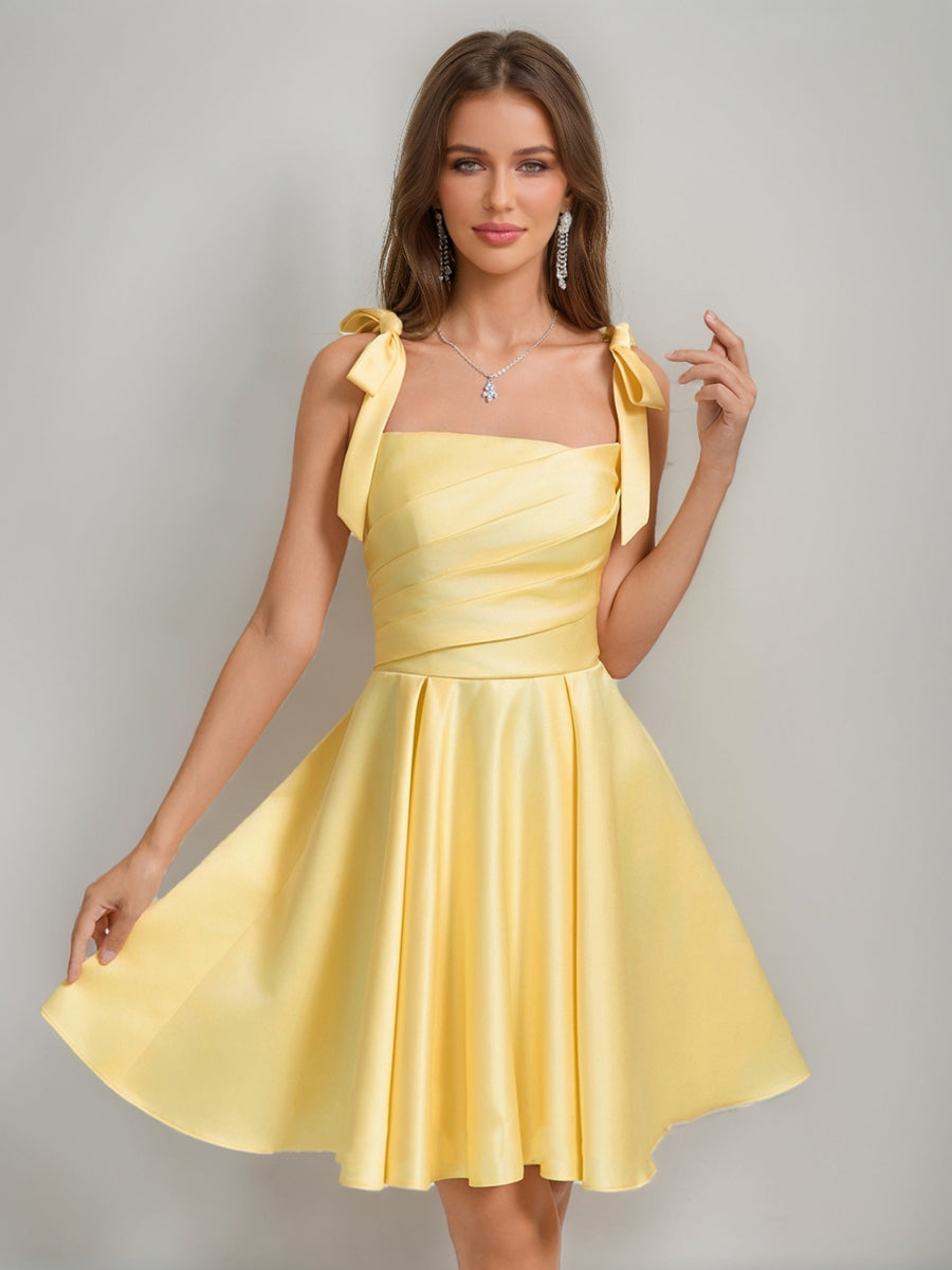 A-Line/Princess Square Pleated Mini Dresses Short Cocktail Dresses with Bow(s)