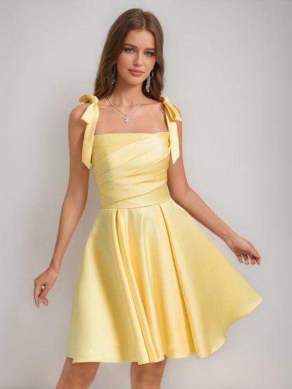 A-Line/Princess Square Pleated Mini Dresses Short Cocktail Dresses with Bow(s)