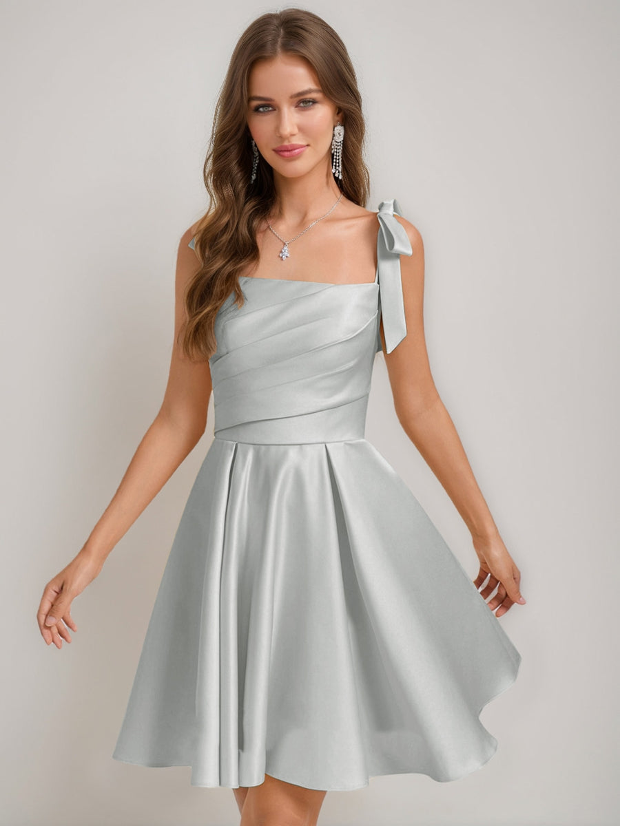 A-Line/Princess Square Pleated Mini Dresses Short Cocktail Dresses with Bow(s)