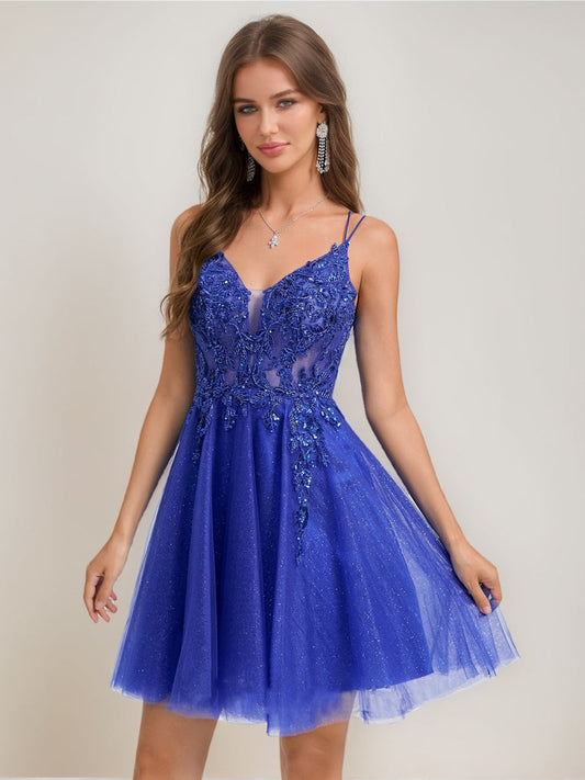 A-Line/Princess V-Neck Straps Tulle Short Cocktail Dresses with Beading Appliques
