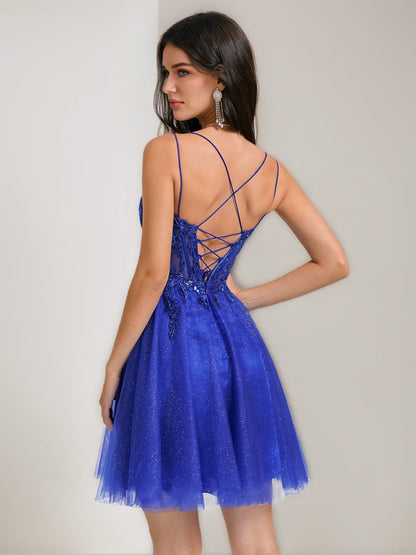 A-Line/Princess V-Neck Straps Tulle Short Cocktail Dresses with Beading Appliques