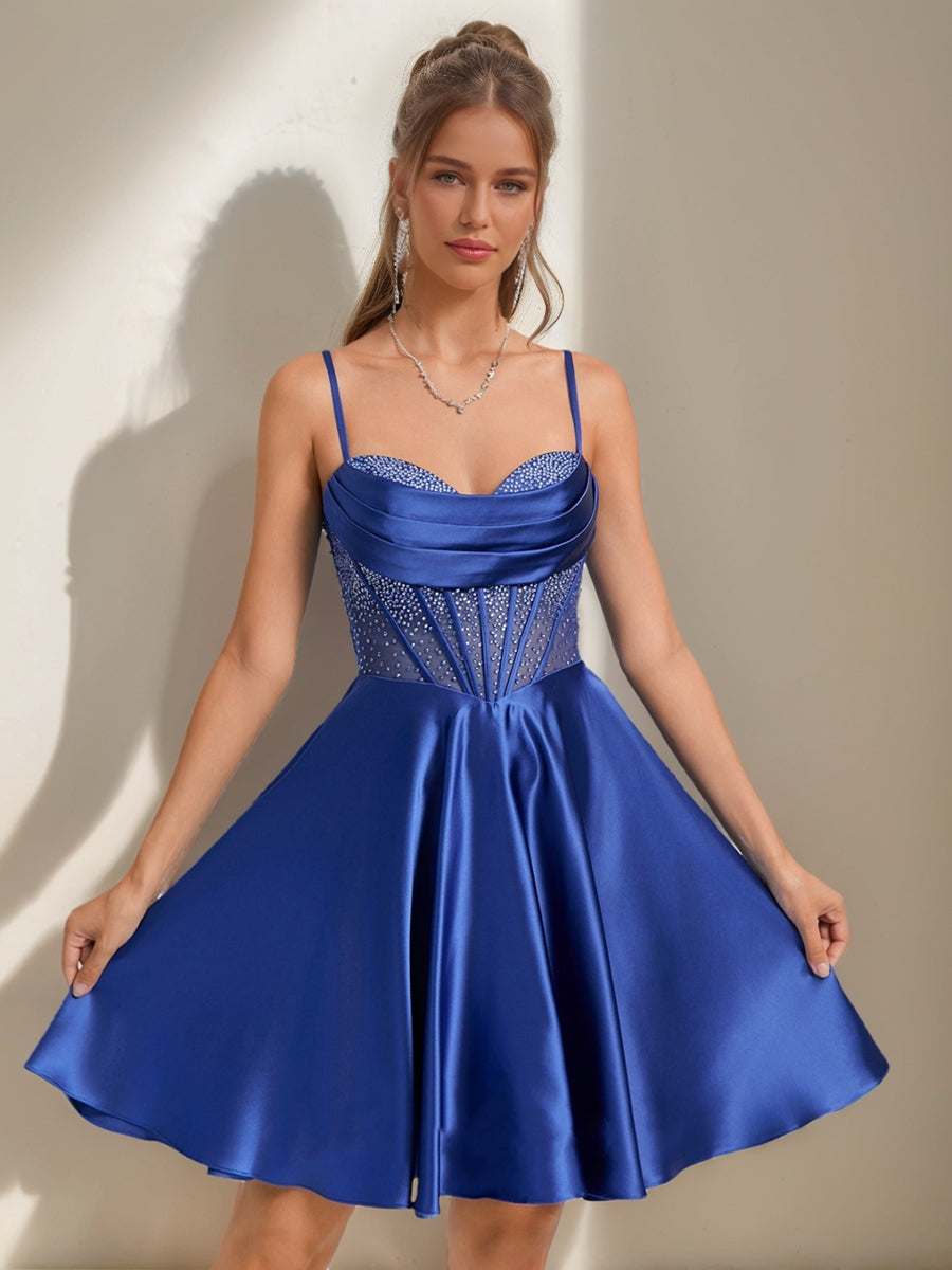 A-Line/Princess Cowl Straps Sleeveless Pleated Short Cocktail Dresses with Rhinestones