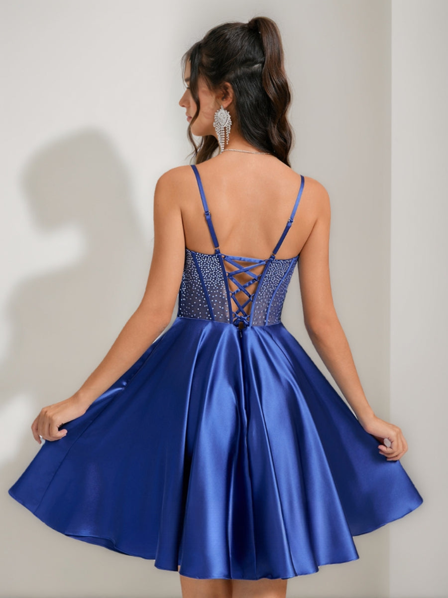 A-Line/Princess Cowl Straps Sleeveless Pleated Short Cocktail Dresses with Rhinestones