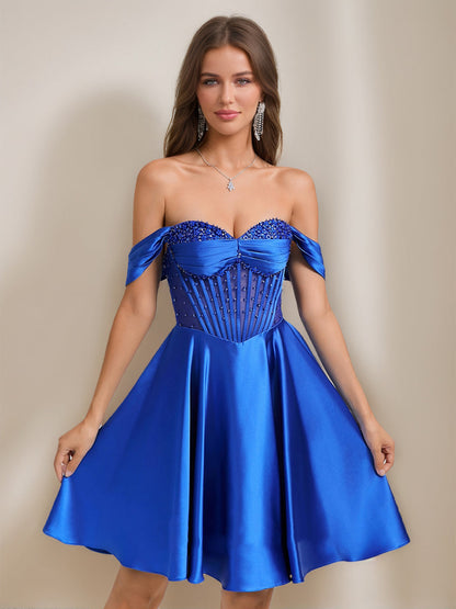 A-Line/Princess Off-the-Shoulder Short Elegant Cocktail Dresses with Rhinestones