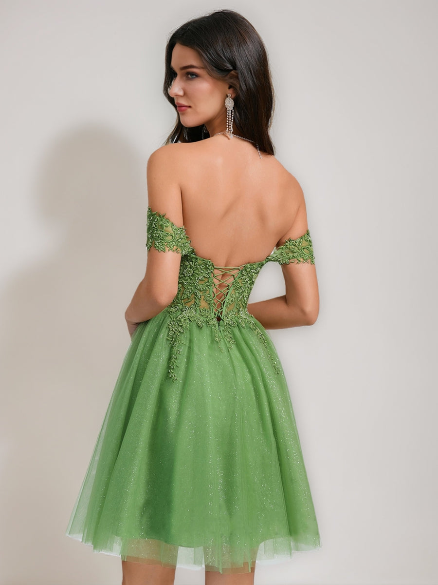 A-Line/Princess Off-the-Shoulder Tulle Short Cocktail Dresses with Appliques