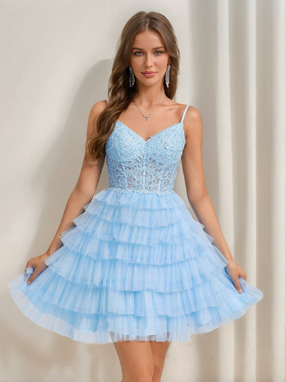 A-Line/Princess V-Neck Straps Ruffle Tiered Short Cocktail Dresses with Appliques