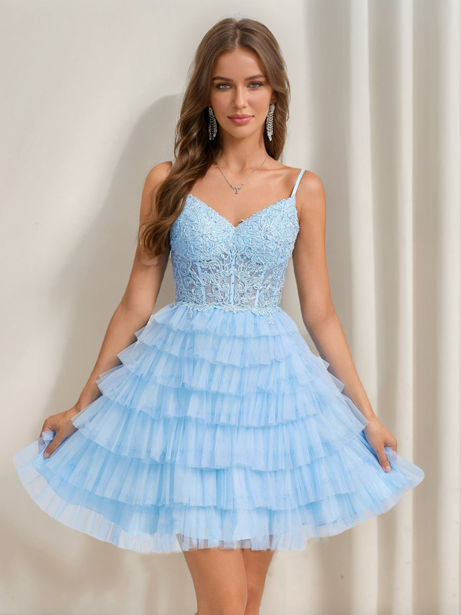 A-Line/Princess V-Neck Straps Ruffle Tiered Short Cocktail Dresses with Appliques