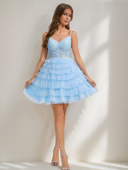 A-Line/Princess V-Neck Straps Ruffle Tiered Short Cocktail Dresses with Appliques
