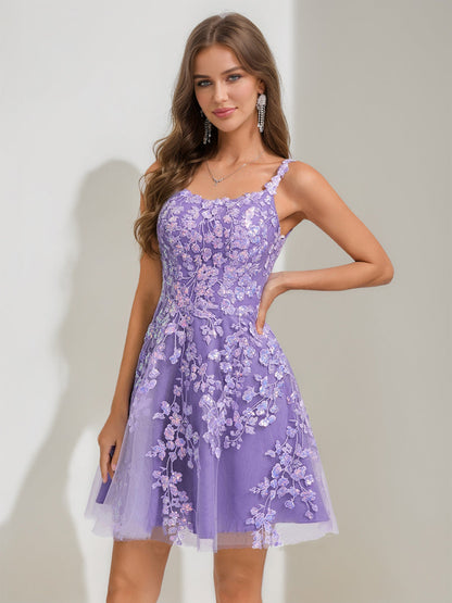 A-Line/Princess Scoop Short Cocktail Dresses with Sequins & Lace Appliques