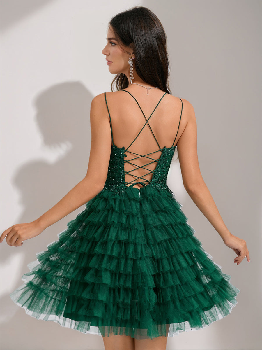 Ball Gown Spaghetti Straps Sequined Short Cocktail Dresses with Beadings & Appliques