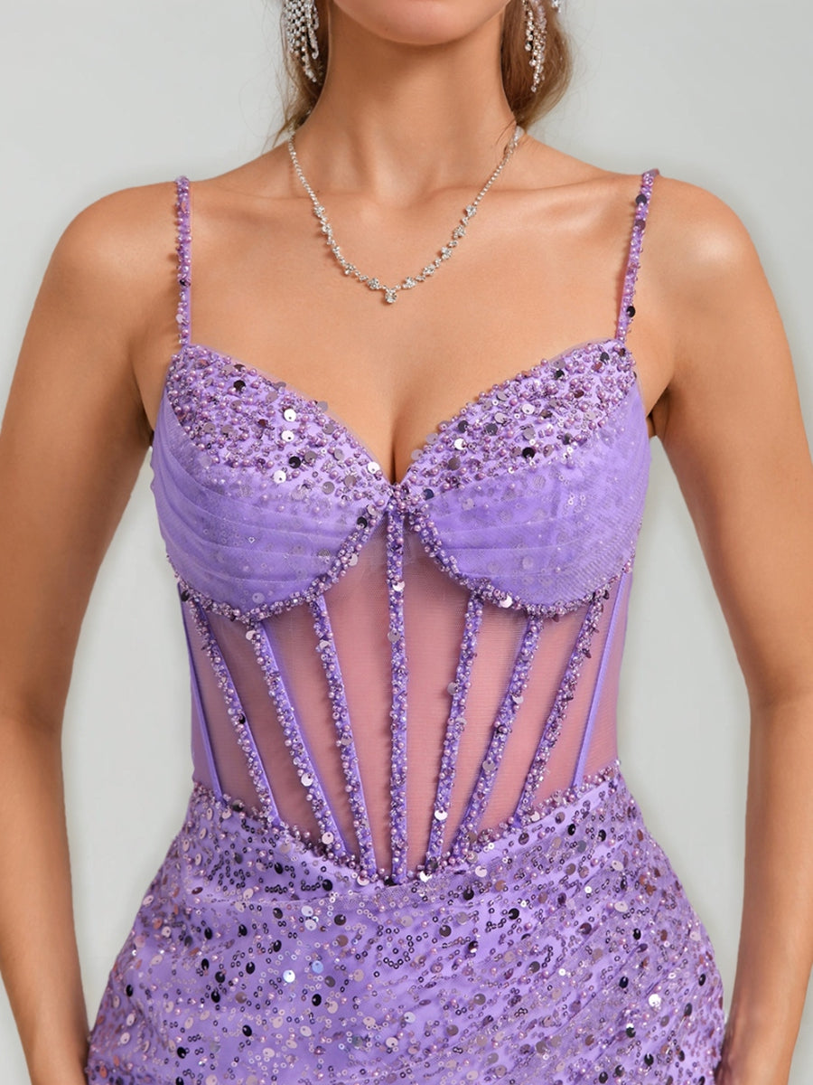 Sheath/Column V-Neck Straps Beaded Mini Dresses Short Cocktail Dresses with Sequins