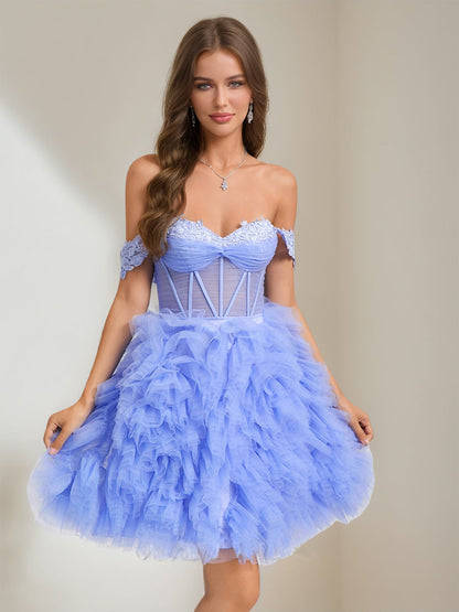 Ball Gown Sweetheart Short Tulle Cocktail Dresses with Lace Appliques & Pleats