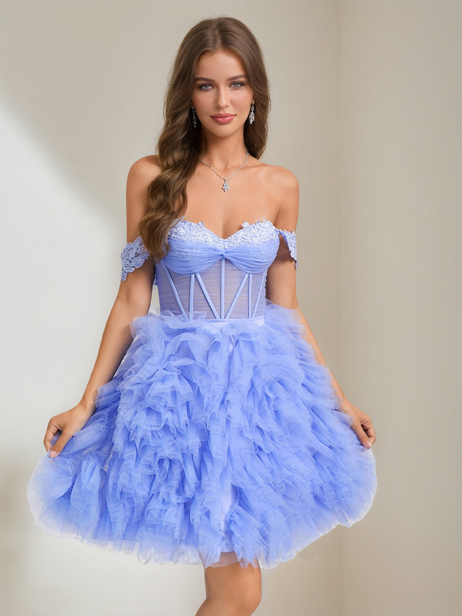 Ball Gown Sweetheart Short Tulle Cocktail Dresses with Lace Appliques & Pleats