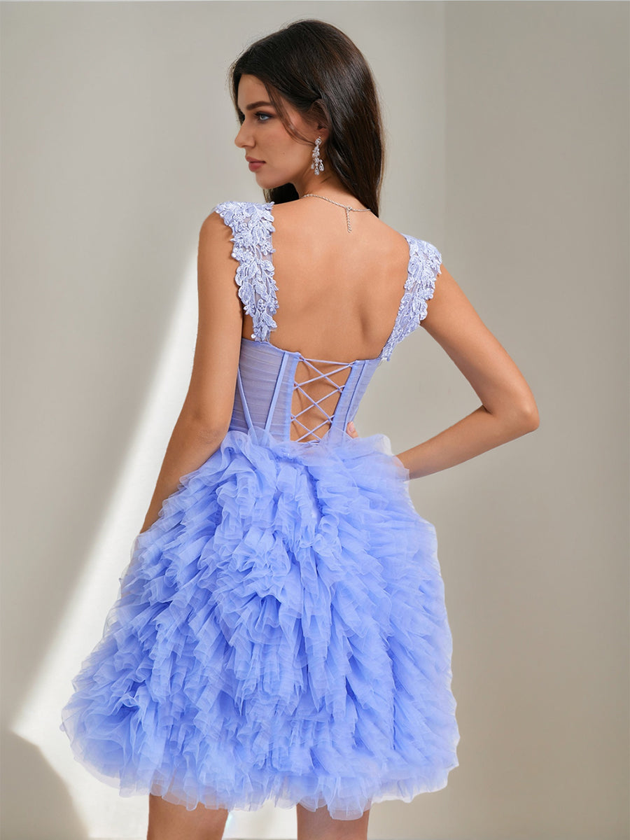 Ball Gown Sweetheart Short Tulle Cocktail Dresses with Lace Appliques & Pleats
