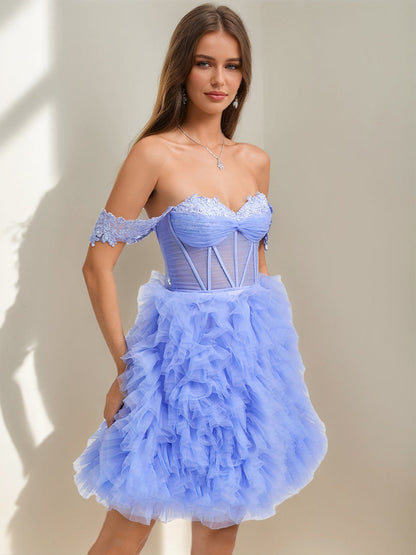 Ball Gown Sweetheart Short Tulle Cocktail Dresses with Lace Appliques & Pleats
