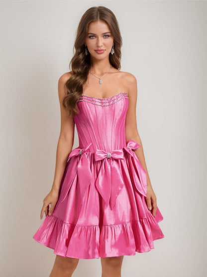 A-Line/Princess Strapless Ruffle Short Cocktail Dresses with Rhinestones & Bow