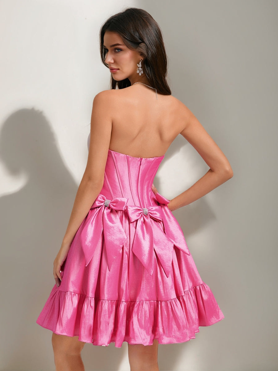 A-Line/Princess Strapless Ruffle Short Cocktail Dresses with Rhinestones & Bow