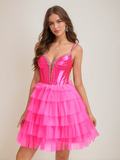 Ball Gown V-Neck Sleeveless Short Cocktail Dresses with Tiered Ruffles & Rhinestones