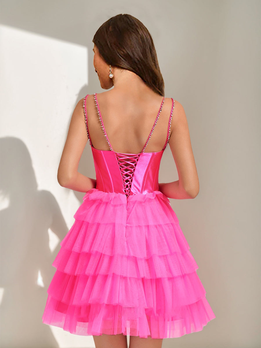 Ball Gown V-Neck Sleeveless Short Cocktail Dresses with Tiered Ruffles & Rhinestones