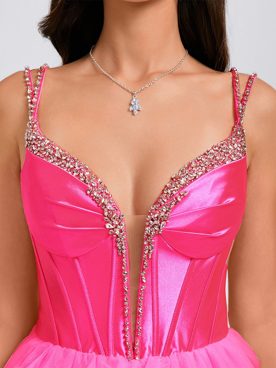 Ball Gown V-Neck Sleeveless Short Cocktail Dresses with Tiered Ruffles & Rhinestones