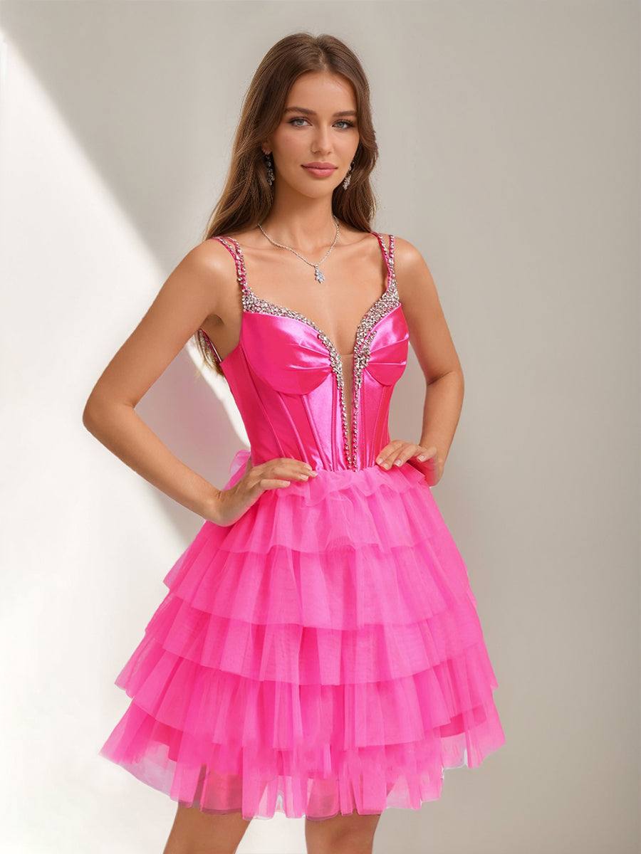 Ball Gown V-Neck Sleeveless Short Cocktail Dresses with Tiered Ruffles & Rhinestones