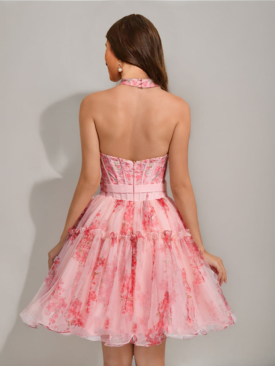 A-Line/Princess Sweetheart Printed Floral Short Cocktail Dresses with Ruffles