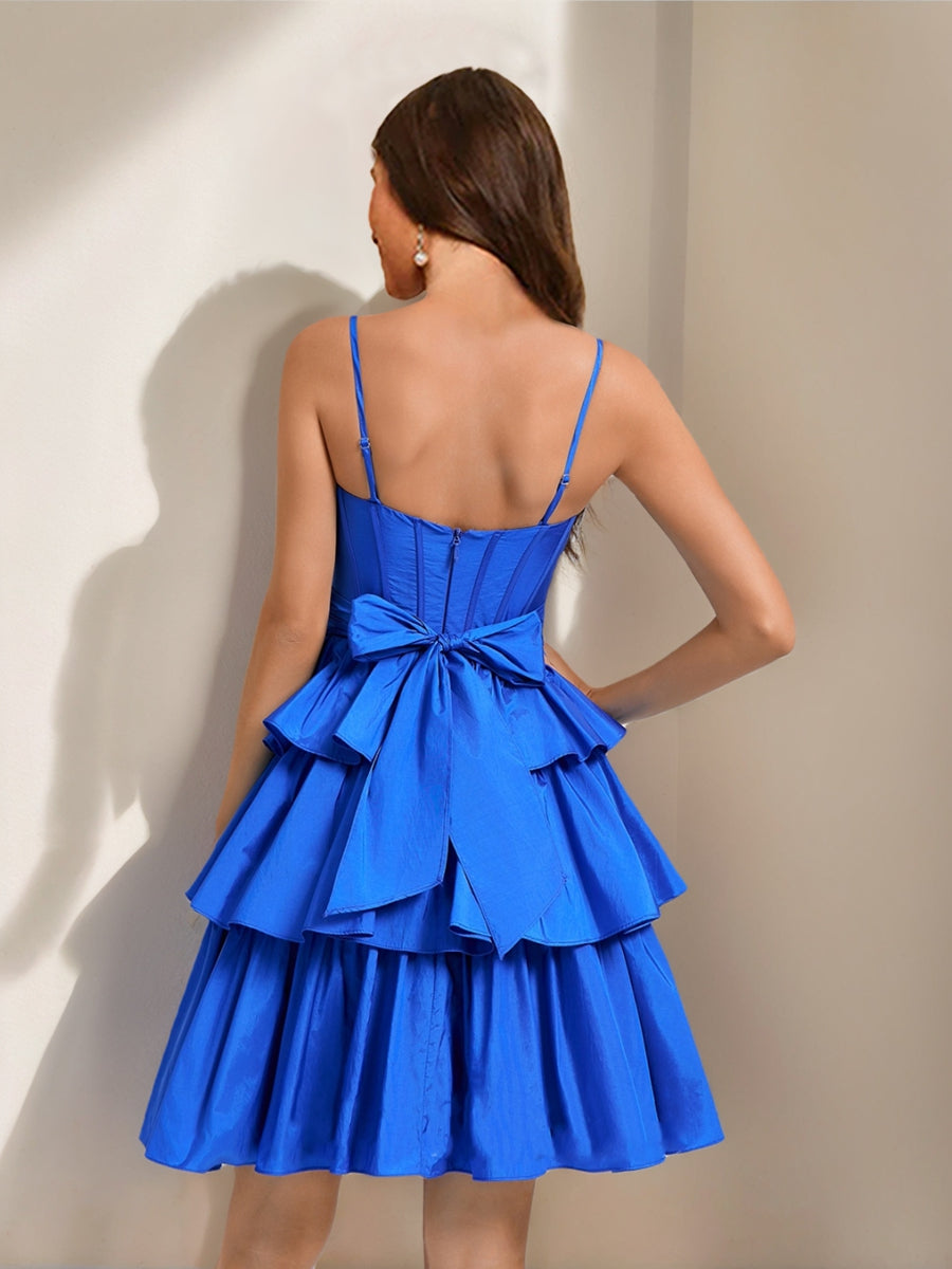 A-Line/Princess Straps Ruffle Tiered Short Cocktail Dresses with Bow