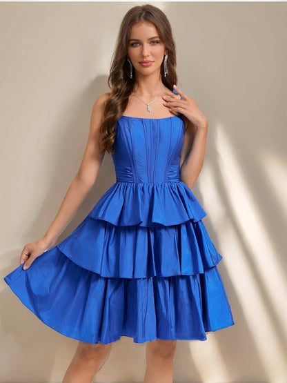 A-Line/Princess Straps Ruffle Tiered Short Cocktail Dresses with Bow