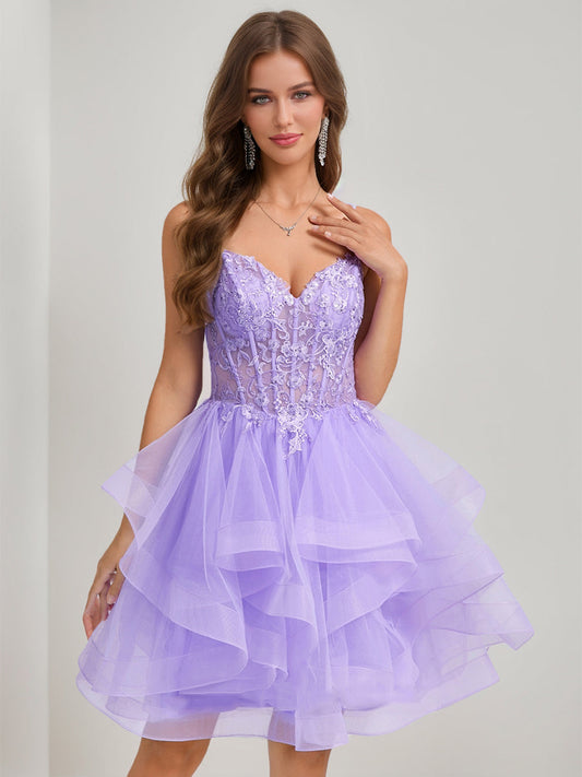 Ball Gown Spaghetti Straps Noble Tulle Short Cocktail Dresses with Beads