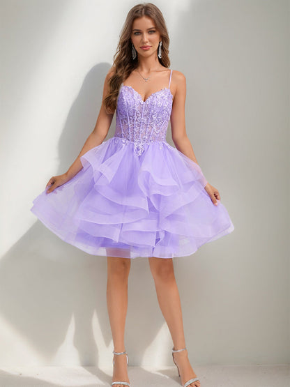 Ball Gown Spaghetti Straps Noble Tulle Short Cocktail Dresses with Beads