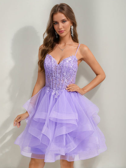 Ball Gown Spaghetti Straps Noble Tulle Short Cocktail Dresses with Beads